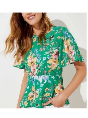 Loft Green Wildflower Floral Peplum Short Sleeve Blouse Flutter Sleeve Women’s 2